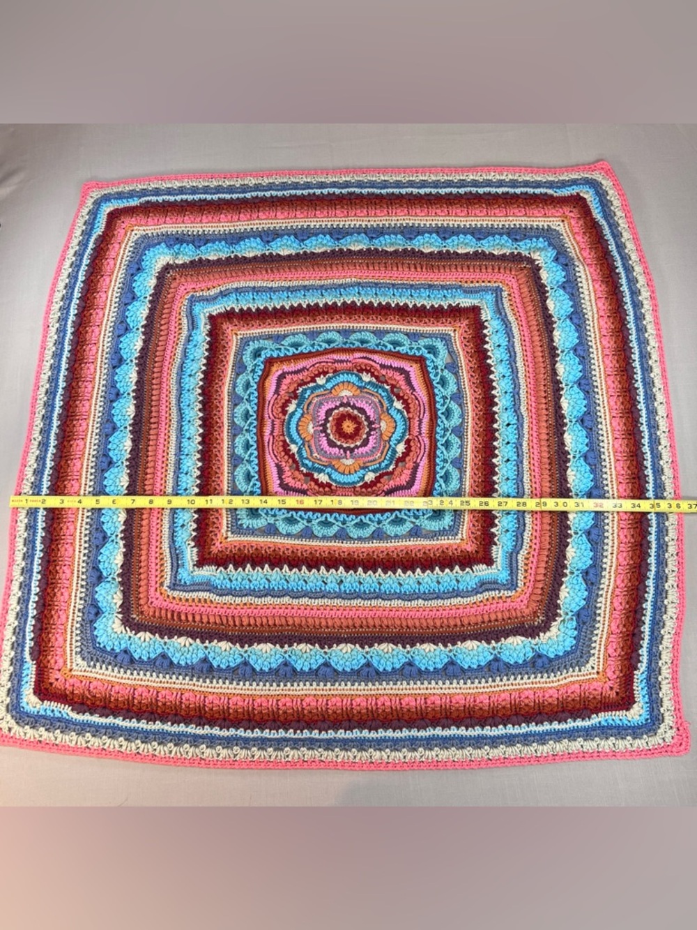 Handmade Crochet Throw Blanket Mandala Boho Multicolor 36x36 Afghan - Picture 7 of 15